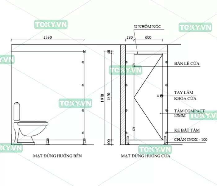 Bản vẽ mặt đứng thiết kế vách ngăn vệ sinh