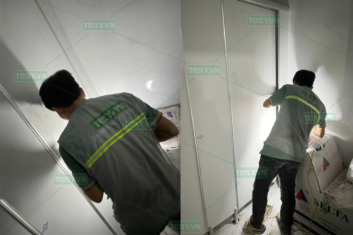 TOKY hoàn thiện vách ngăn vệ sinh compact cho Biệt thự tại đê Bát Tràng