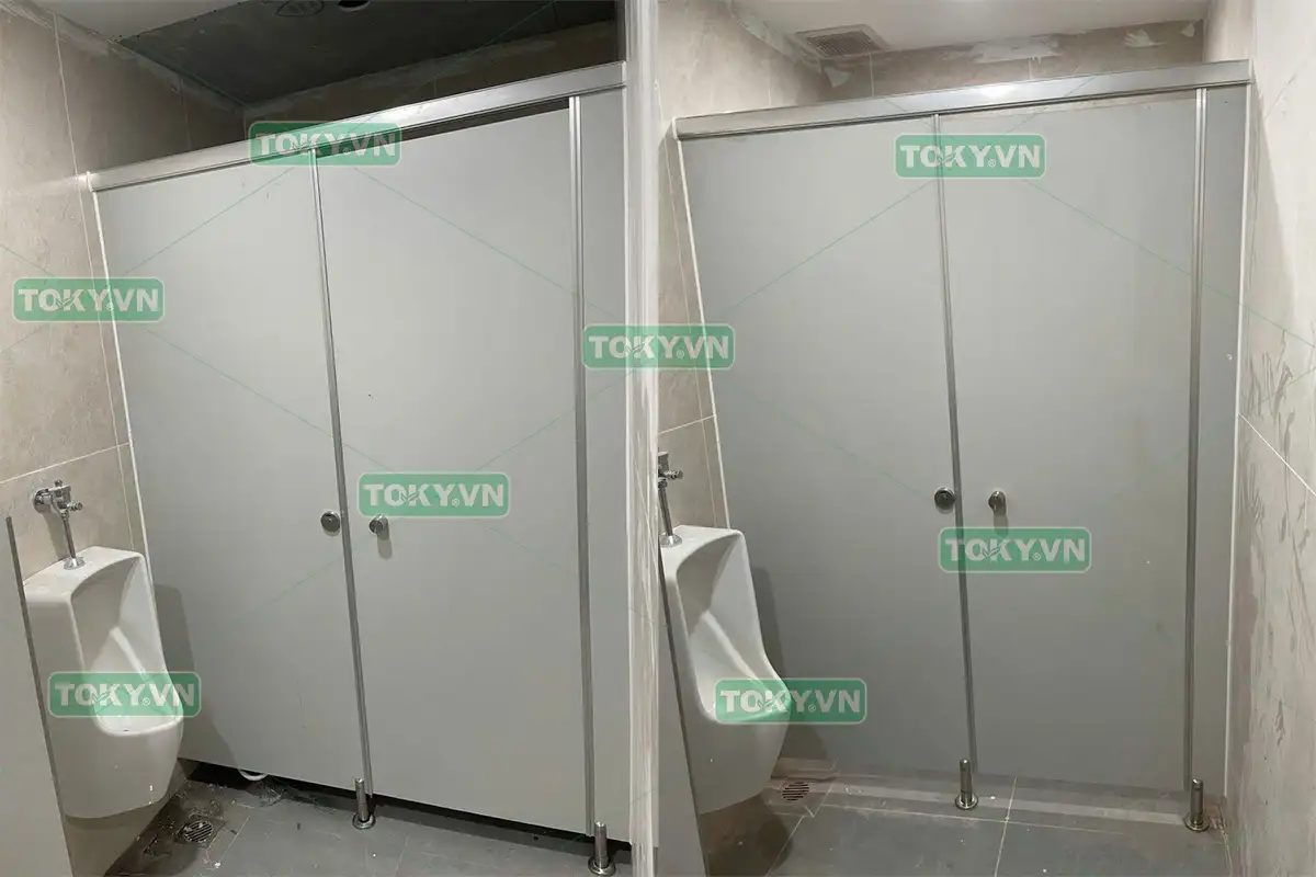Hoàn thiện thi công vách ngăn vệ sinh tòa nhà văn phòng 45 Trần Thái Tông