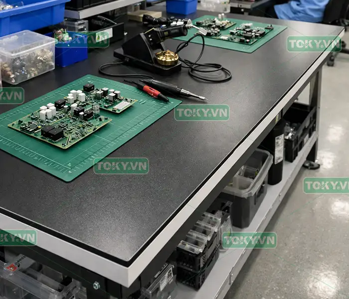 Tại sao các nhà máy FDI chọn tấm Compact HPL làm mặt bàn thao tác chống tĩnh điện? 2 Ứng dụng thực tế của tấm Compact HPL trong nhà máy FDI tại Việt Nam