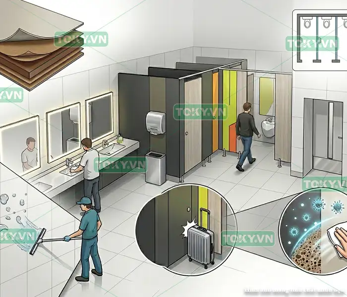 Tấm Compact HPL cho nhà vệ sinh công cộng - giải pháp tối ưu 2026 1 Tại sao tấm Compact HPL là "vua" vật liệu cho nhà vệ sinh công cộng?