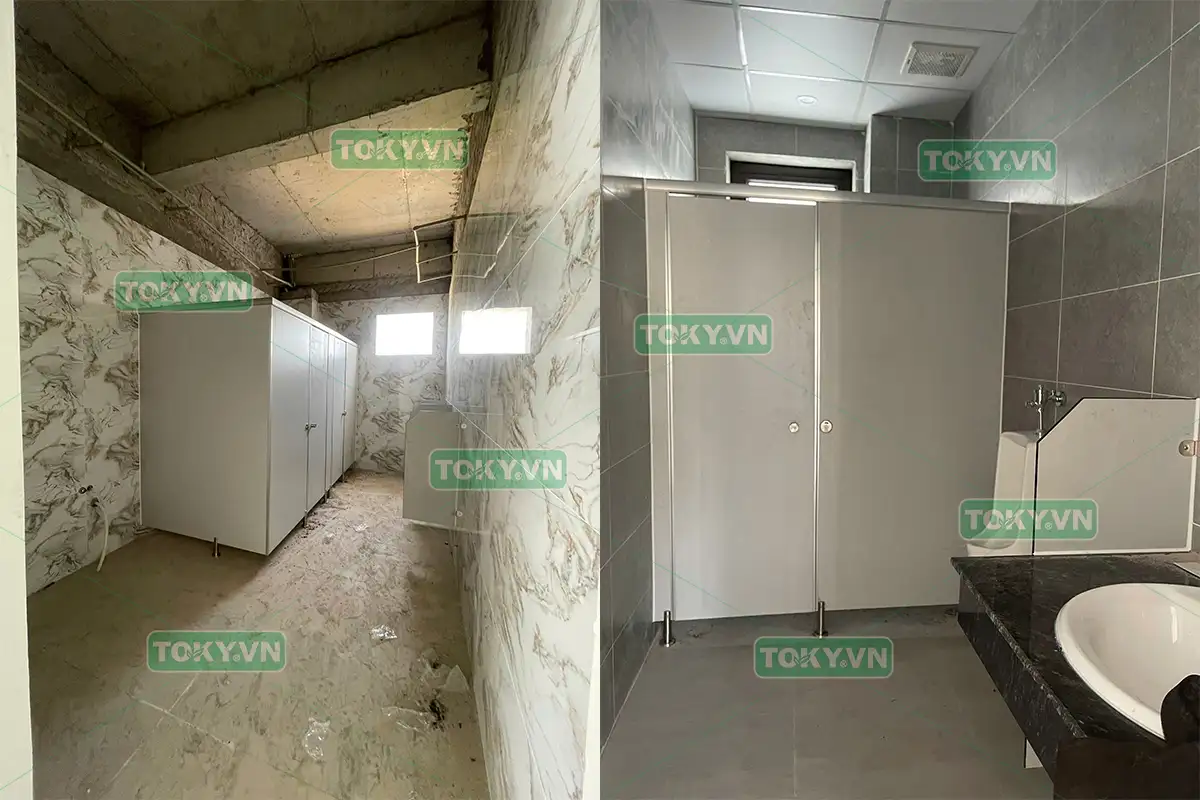 Toky thi công vách ngăn vệ sinh compact nhà máy Trường Thành Aluminium