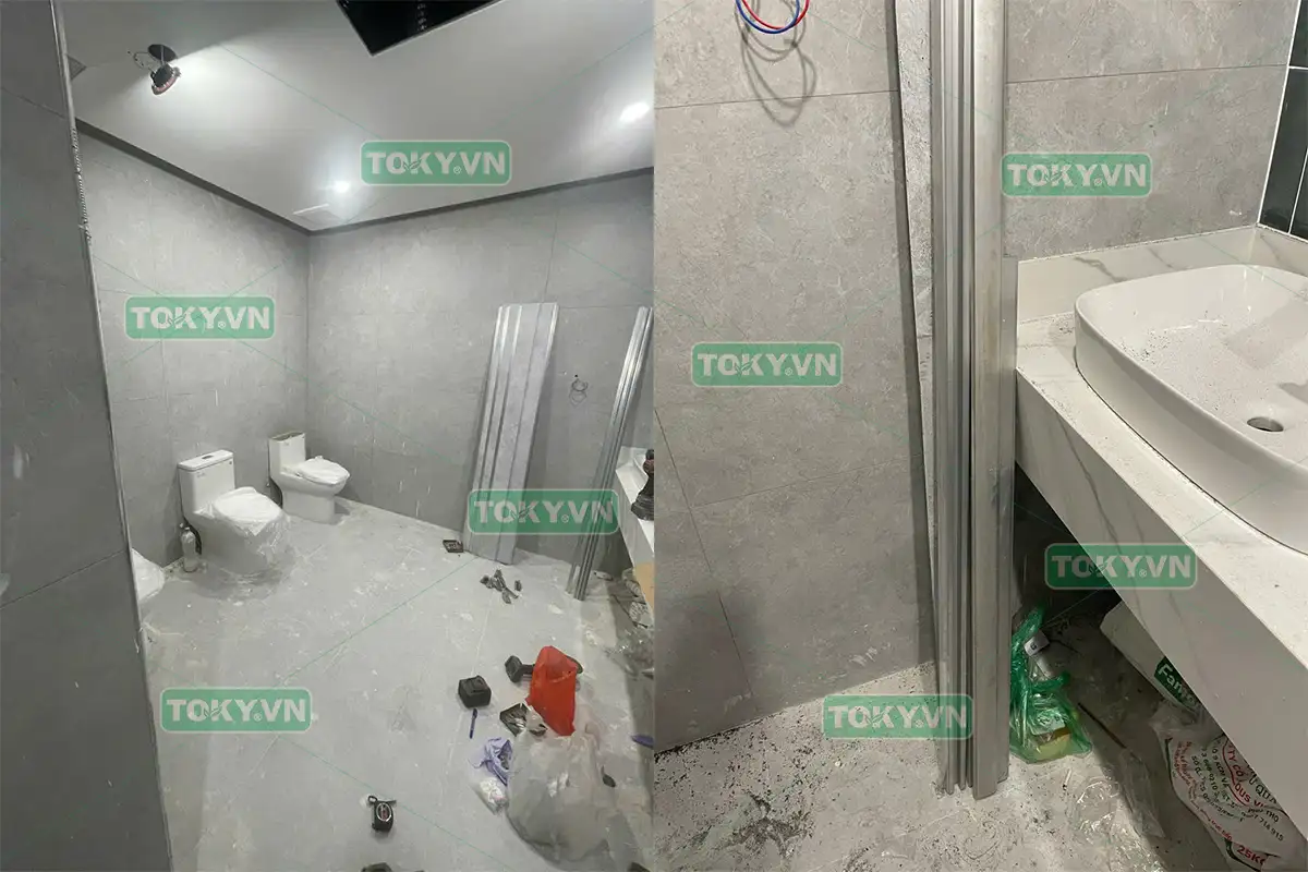 Toky thi công vách ngăn vệ sinh compact tòa nhà Golden Place 99 Mễ Trì