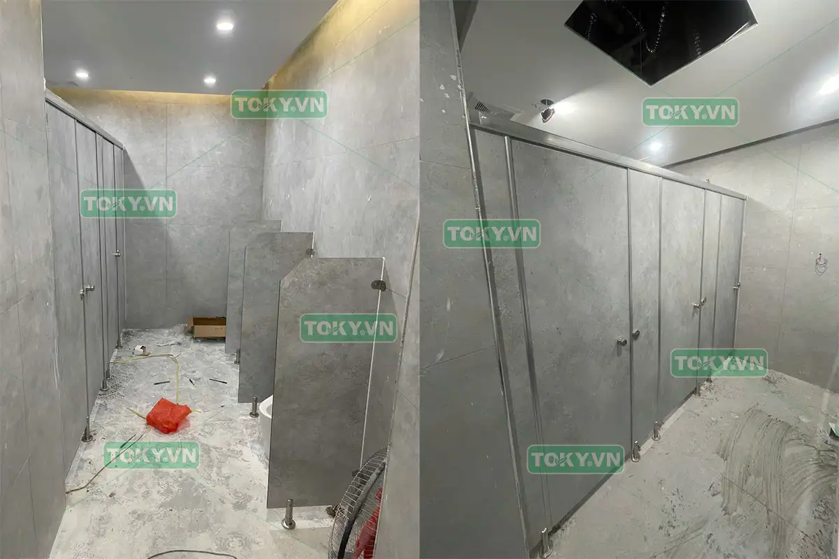Toky thi công vách ngăn vệ sinh compact tòa nhà Golden Place 99 Mễ Trì
