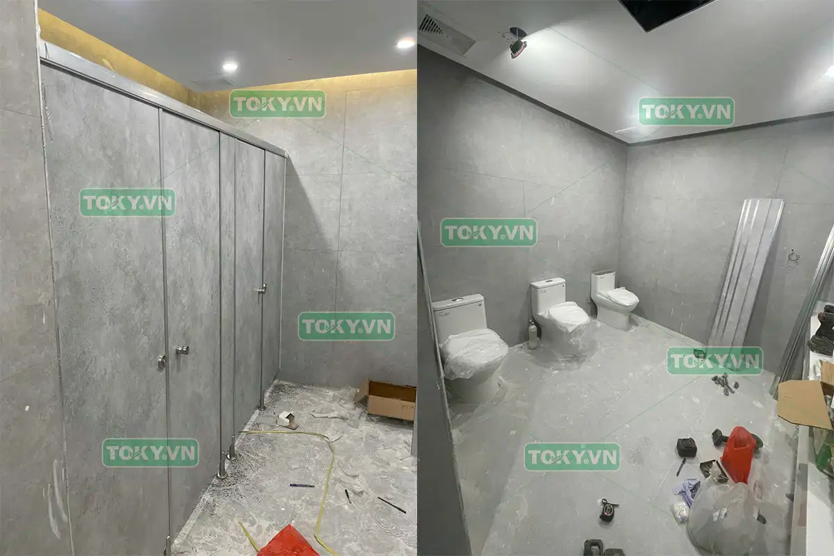 Toky thi công vách ngăn vệ sinh compact tòa nhà Golden Place 99 Mễ Trì