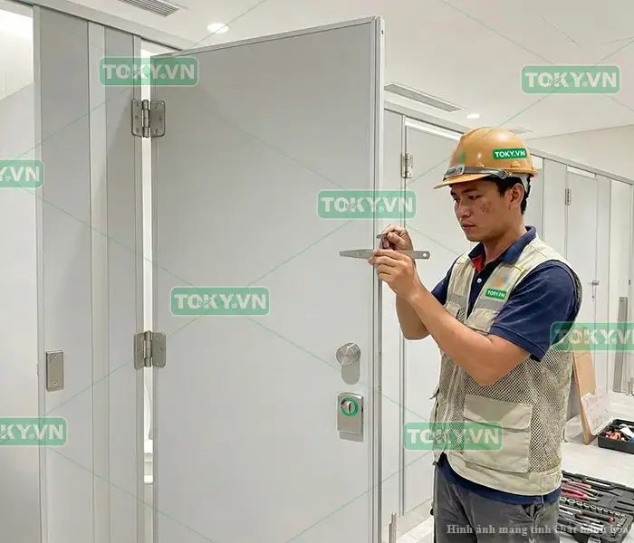 Dựng tấm vách, ráp cánh cửa và hoàn thiện quy trình thi công vách ngăn vệ sinh compact
