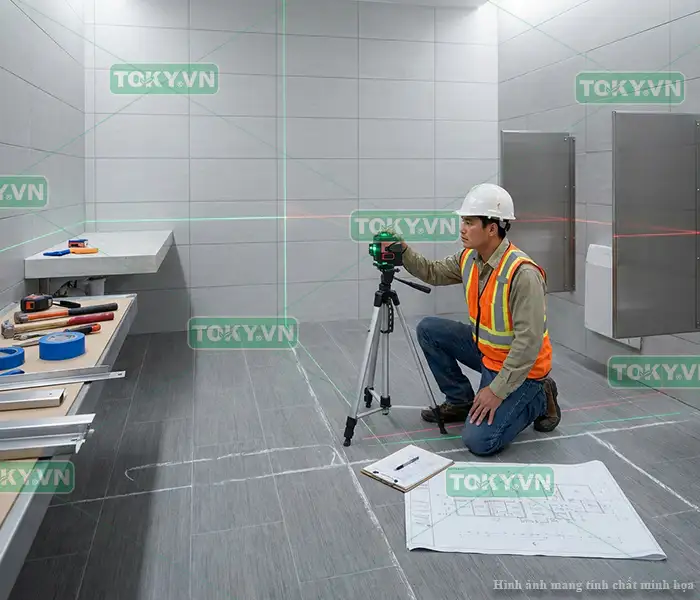 Khảo sát mặt bằng và định vị laser trong quy trình thi công vách ngăn vệ sinh