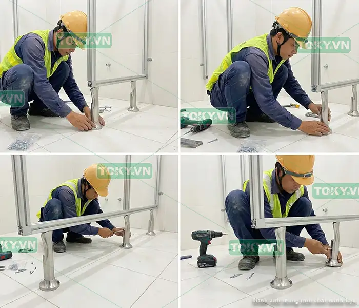 Lắp đặt chân vách tăng chỉnh và hệ khung nhôm thi công vách ngăn vệ sinh