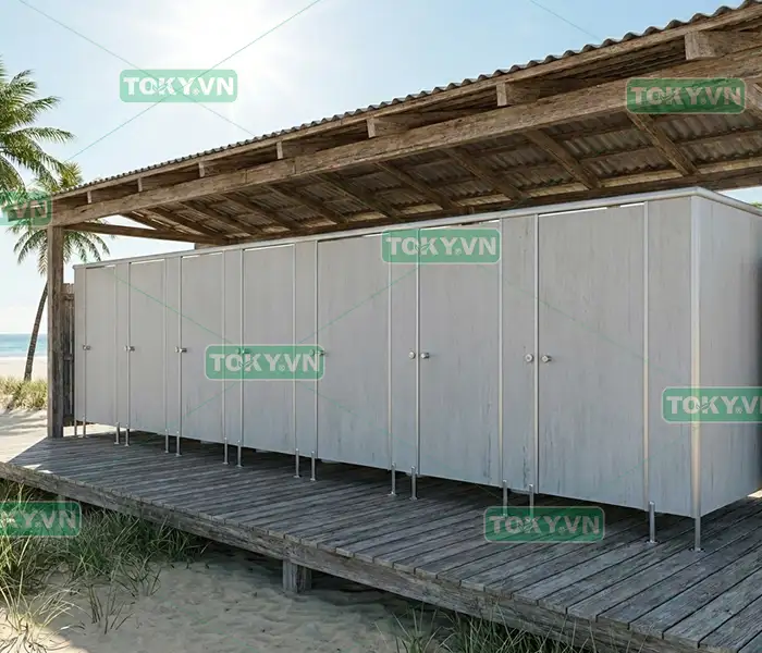 Thi công vách ngăn vệ sinh ngoài trời bằng tấm Compact chịu Axit 3 Quy trình các bước thi công vách ngăn vệ sinh ngoài trời khép kín chuẩn chuyên nghiệp từ Toky