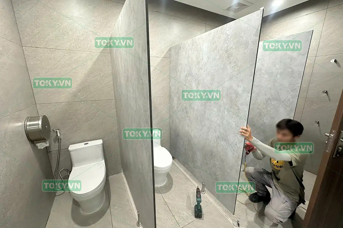 Toky thi công vách ngăn vệ sinh đợt 2 tại Tòa nhà Golden Place