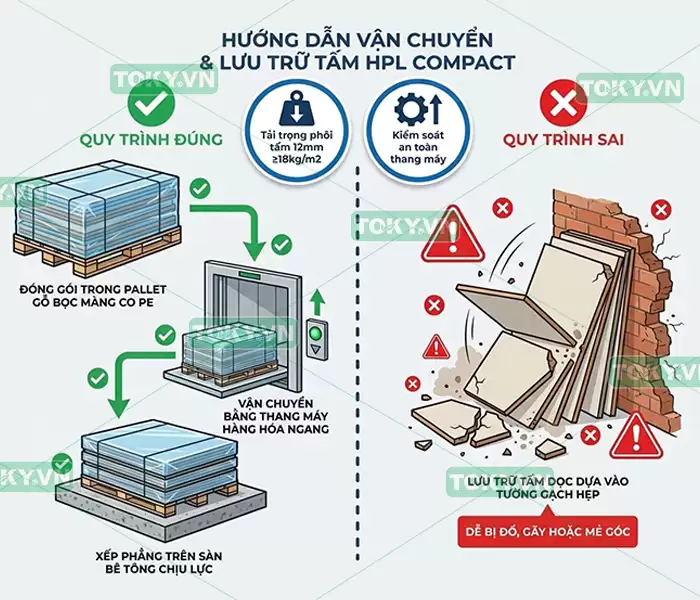 Biện pháp thi công vách ngăn vệ sinh compact cho tòa nhà cao tầng và tttm 2 Hướng dẫn vận chuyển và lưu trữ khi thi công vách ngăn vệ sinh compact
