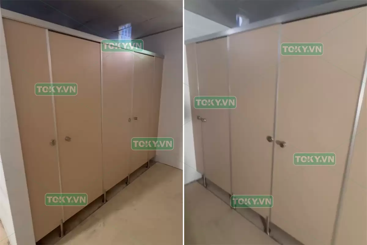 Thi công vách ngăn vệ sinh compact HPL tòa nhà văn phòng tại Chùa Bộc