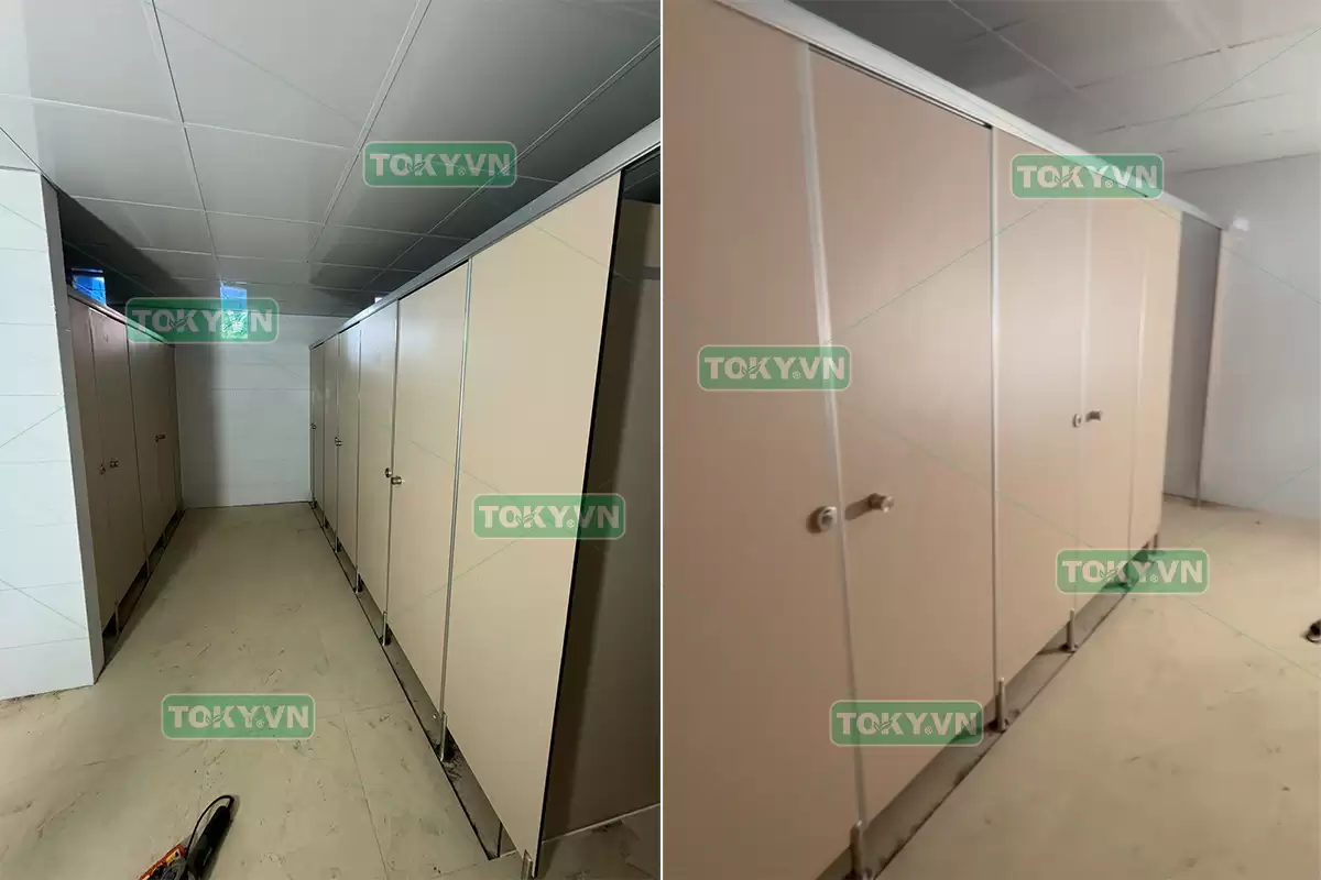 Thi công vách ngăn vệ sinh compact HPL tòa nhà văn phòng tại Chùa Bộc