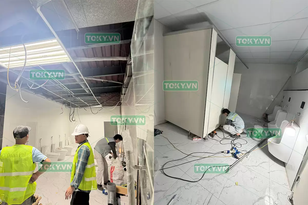 100m2 thi công vách ngăn vệ sinh compact hpl cho nhà máy Elentec