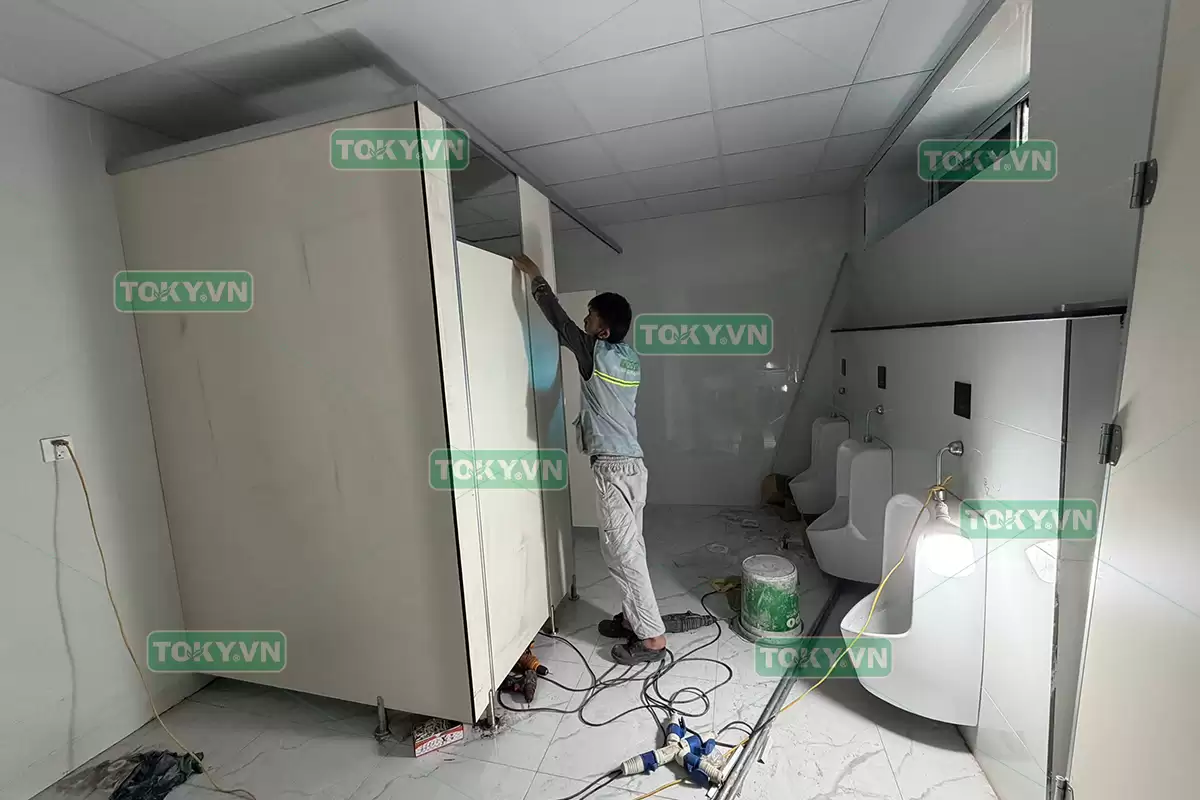 100m2 thi công vách ngăn vệ sinh compact hpl cho nhà máy Elentec
