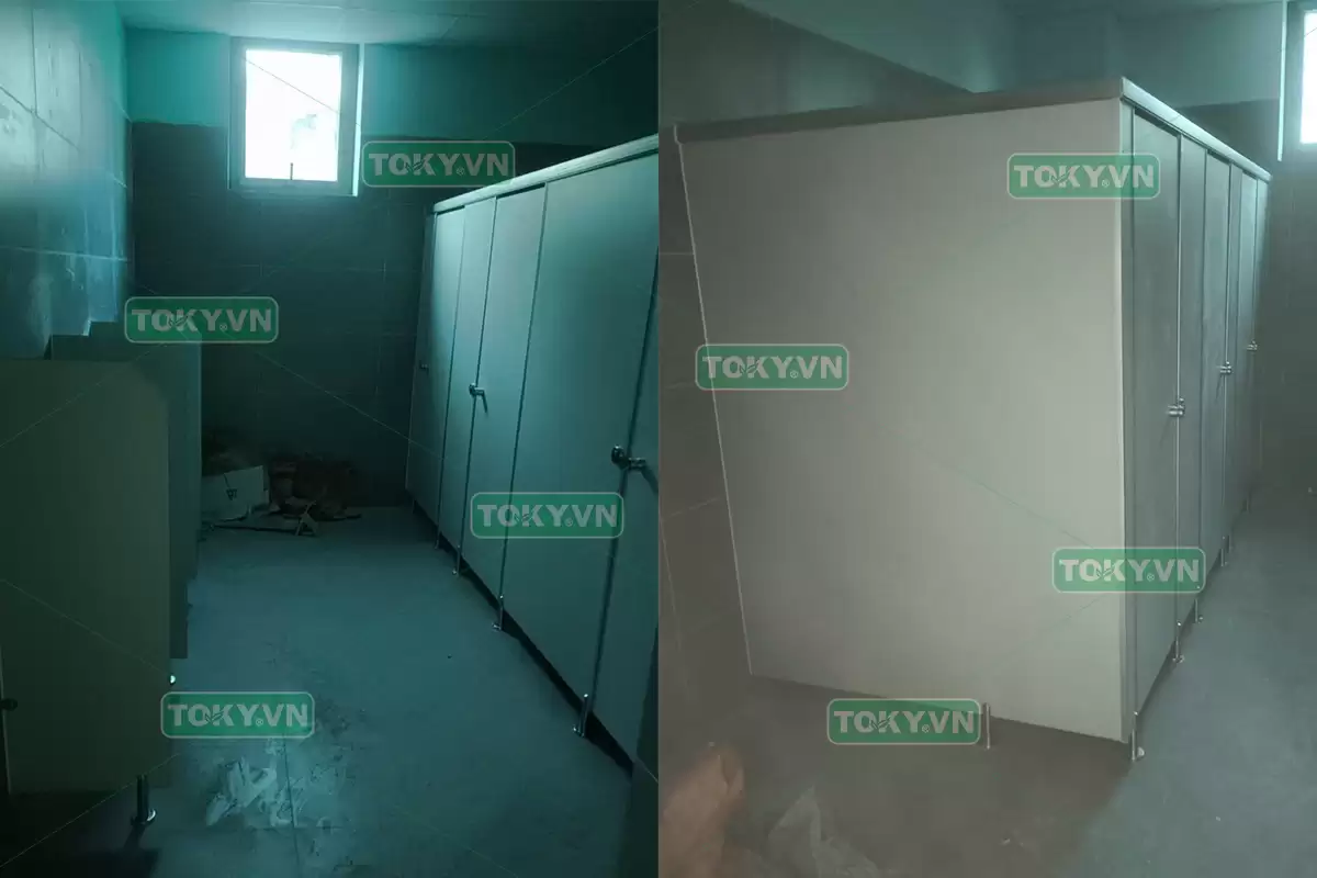 Toky thi công vách ngăn vệ sinh compact tại nhà máy gạch Tuynnel
